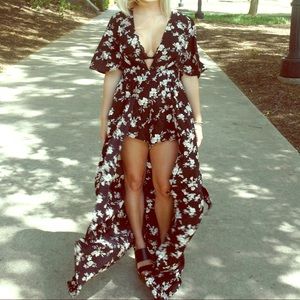Floral Romper with Train and Open Back